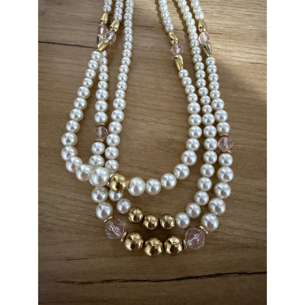 Pearls Necklace Triple Strand Pink Beads Clasp